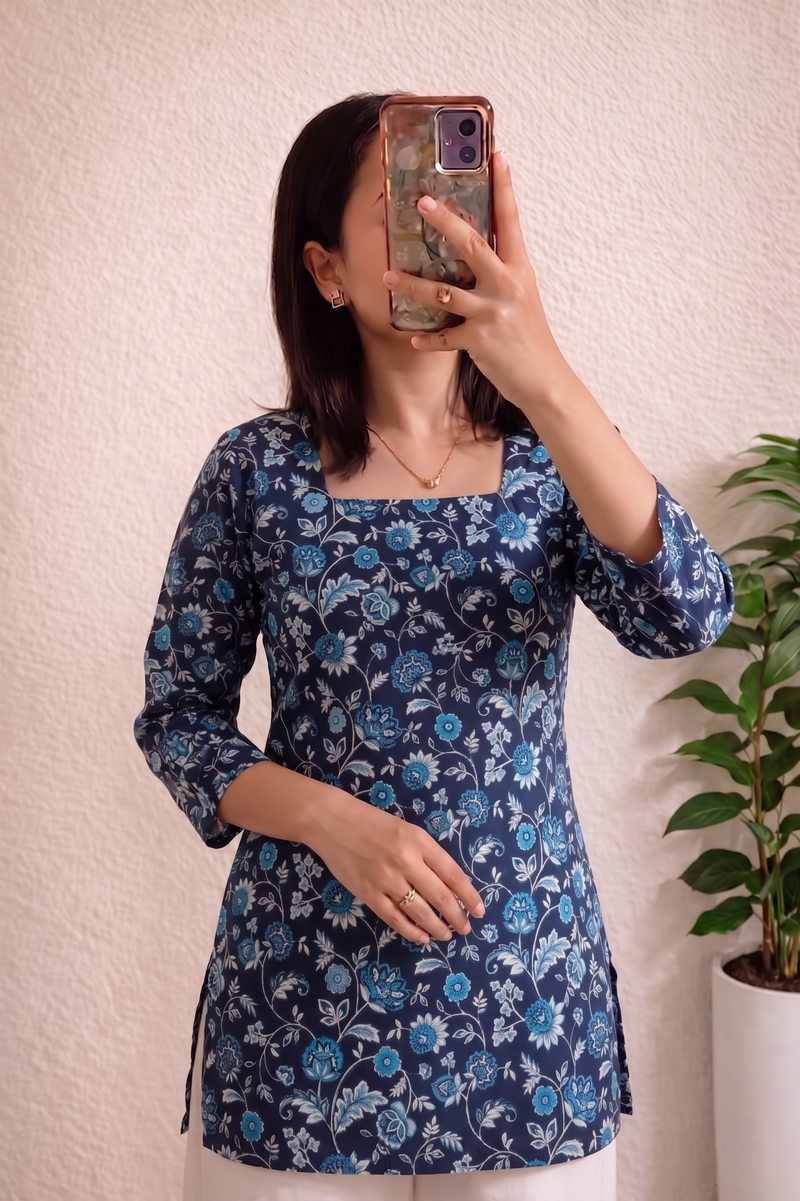 Navy Blue Floral Printed 3/4 Sleeves Square Neck Short Kurti