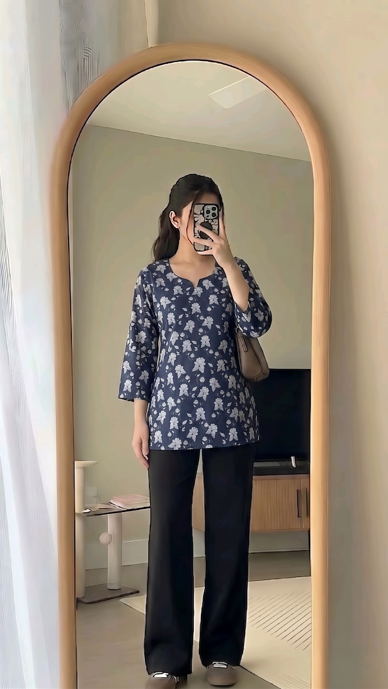 Navy Blue White Floral Printed 3/4 Sleeves Short Kurti