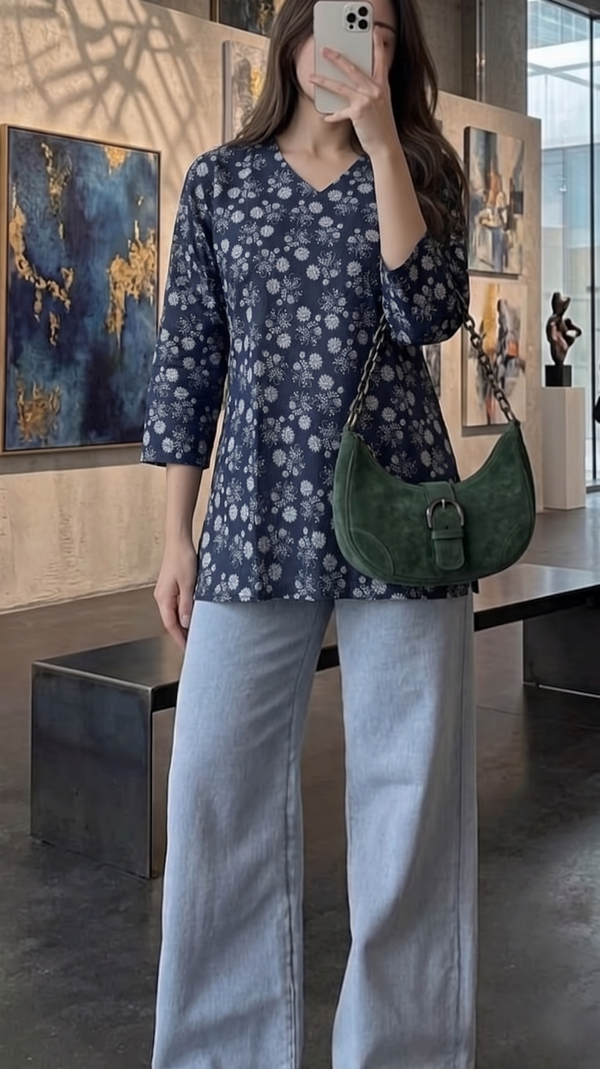 Navy Blue White Floral Printed 3/4 Sleeves V-Neck Short Kurti