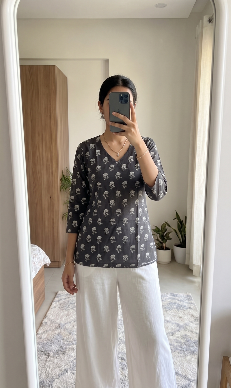 Black White Floral Booti Printed 3/4 Sleeves V-Neck Short Kurti