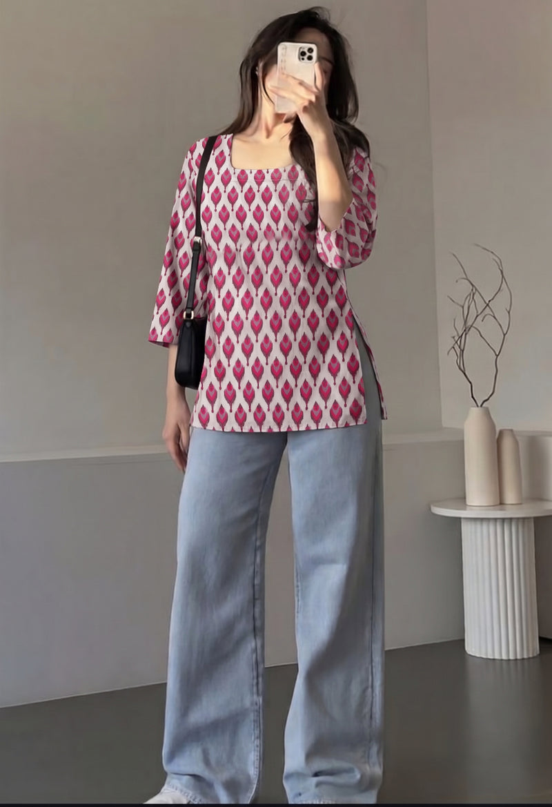White Pink Ikat Booti Printed 3/4 Sleeves Square Neck Short Kurti