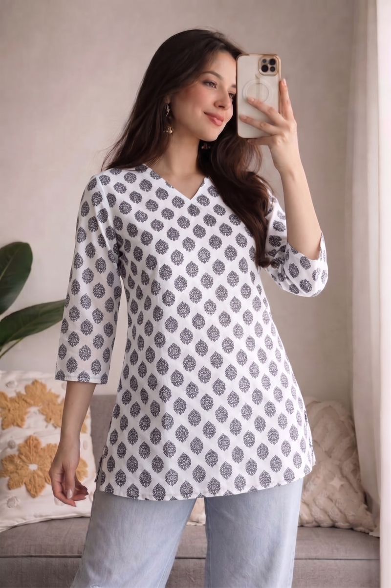 White Black Booti Printed 3/4 Sleeves V-Neck Short Kurti Top