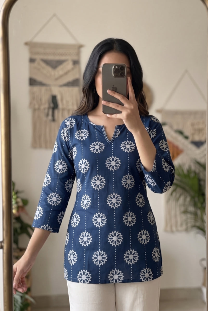 Navy Blue White Daisy Booti Printed 3/4 Sleeves Short Kurti