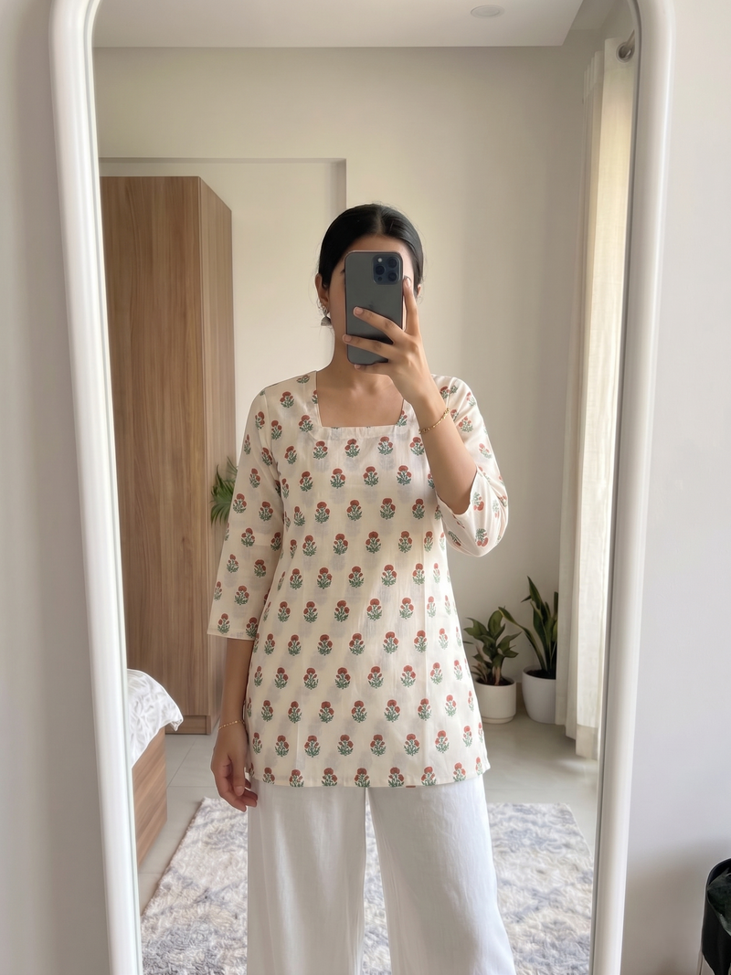 Cream Red Green Floral Booti Printed 3/4 Sleeves Square Neck Short Kurti