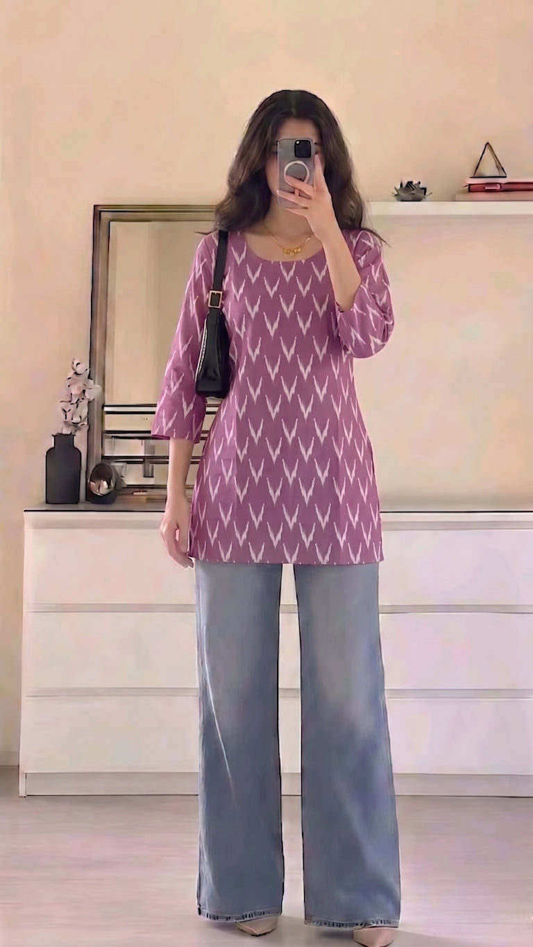 Lavender Purple Ikat Chevron Printed 3/4 Sleeves Round Neck Short Kurti