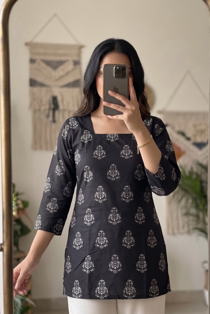 Black White Booti Printed 3/4 Sleeves Square Neck Kurti