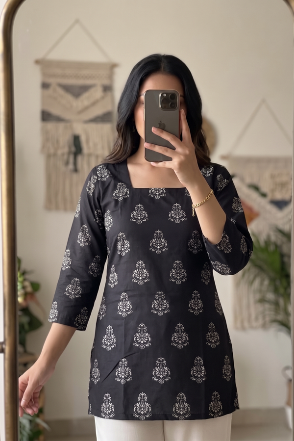 Black White Booti Printed 3/4 Sleeves Square Neck Kurti
