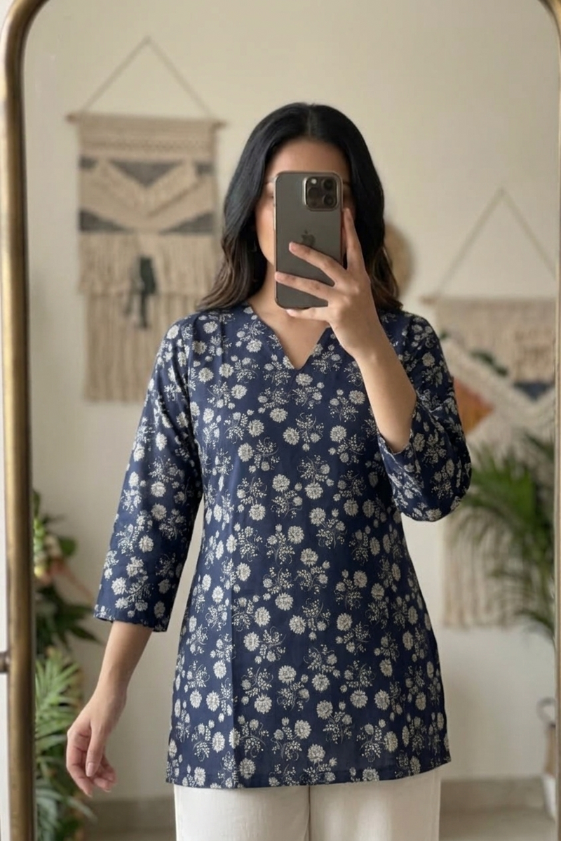 Navy Blue White Floral Printed 3/4 Sleeves V-Neck Short Kurti