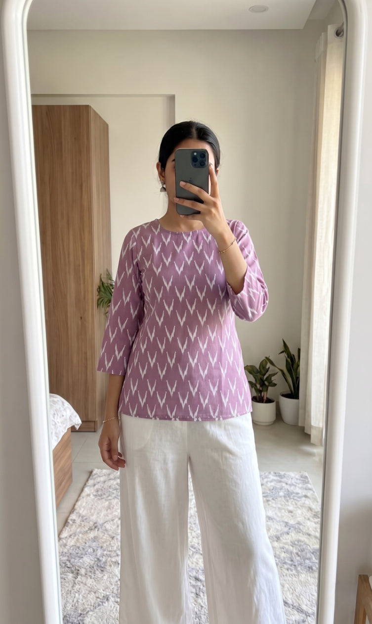 Lavender Purple Ikat Chevron Printed 3/4 Sleeves Round Neck Short Kurti