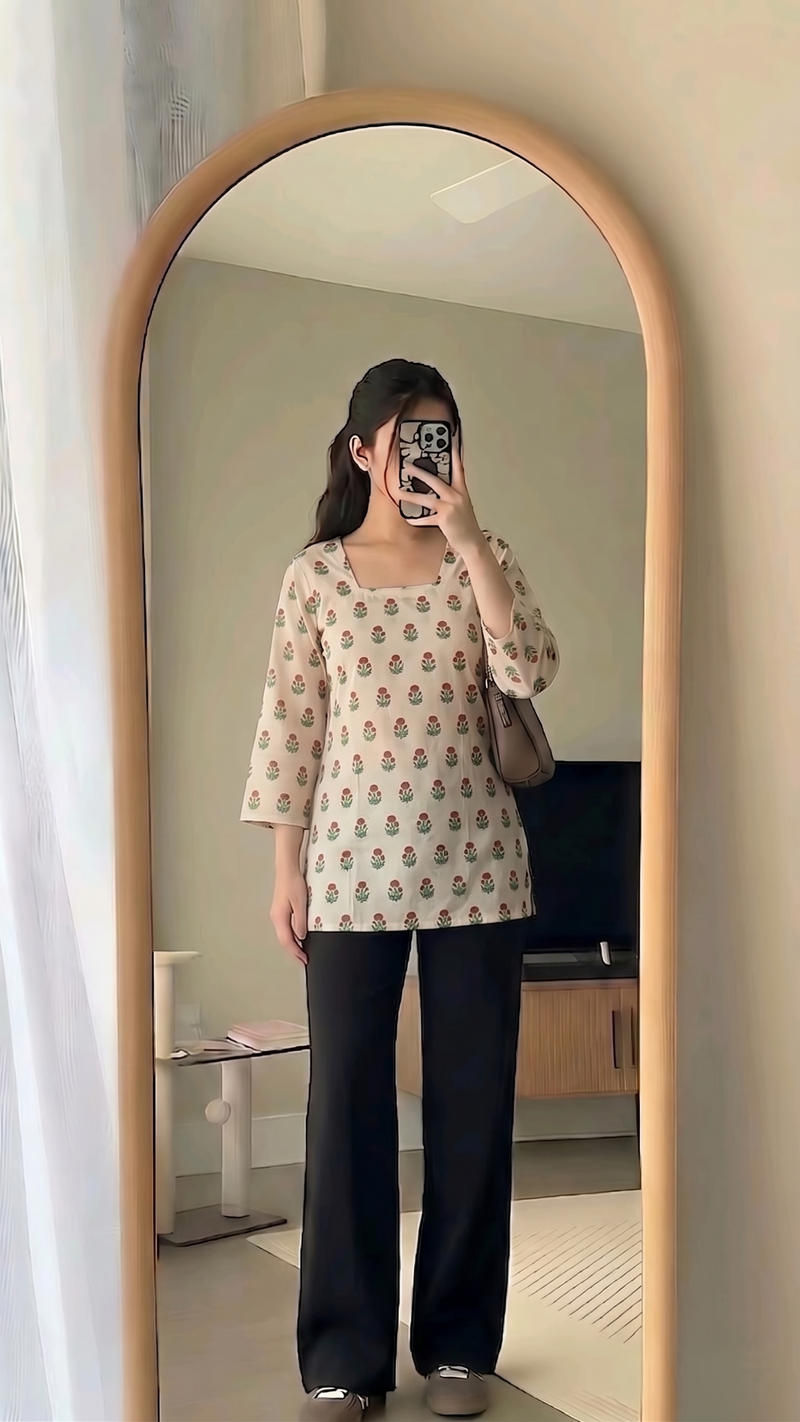 Cream Red Green Floral Booti Printed 3/4 Sleeves Square Neck Short Kurti