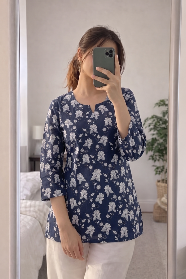 Navy Blue White Floral Printed 3/4 Sleeves Short Kurti