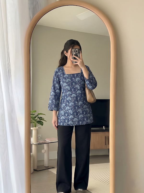 Navy Blue Floral Printed 3/4 Sleeves Square Neck Short Kurti