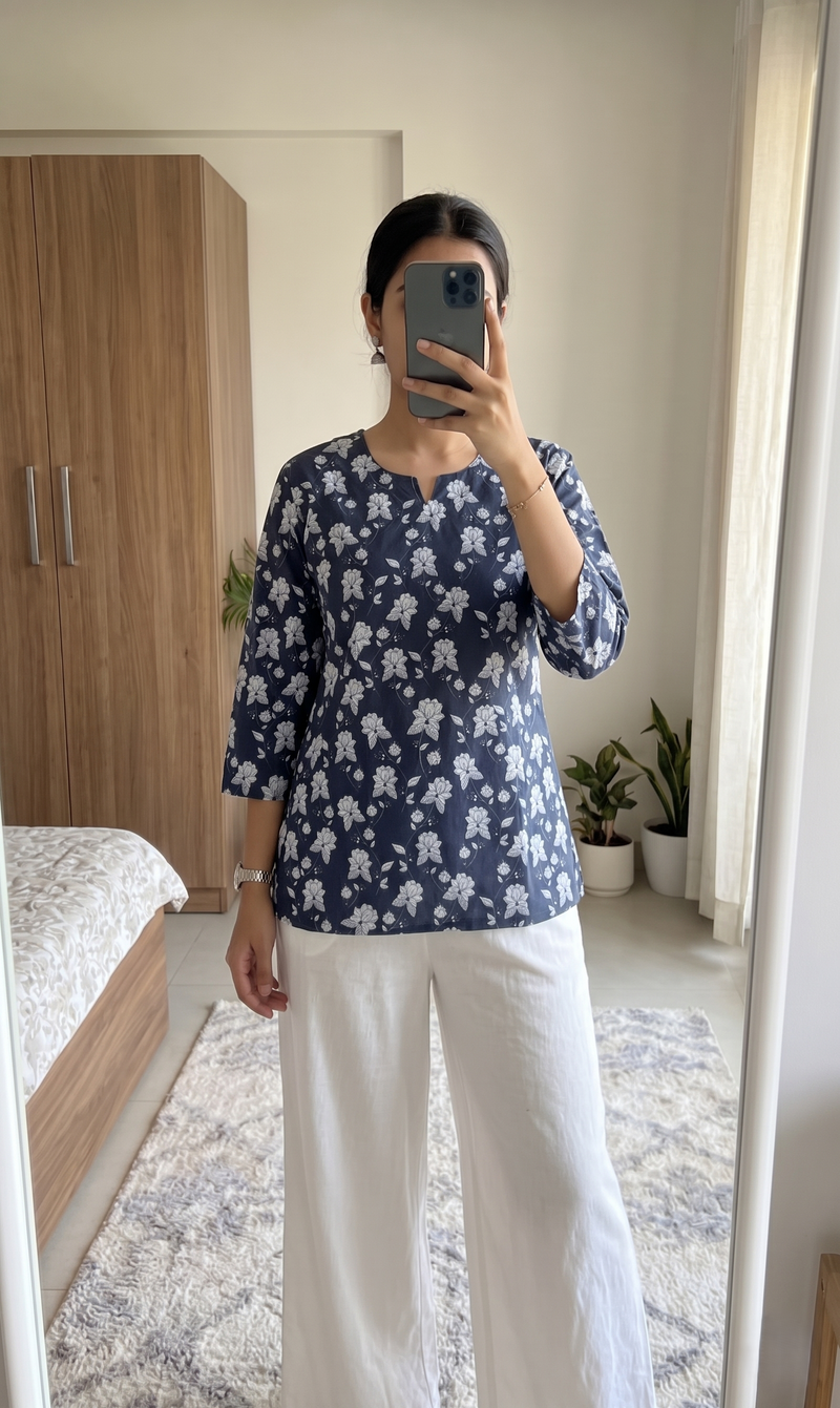Navy Blue White Floral Printed 3/4 Sleeves Short Kurti
