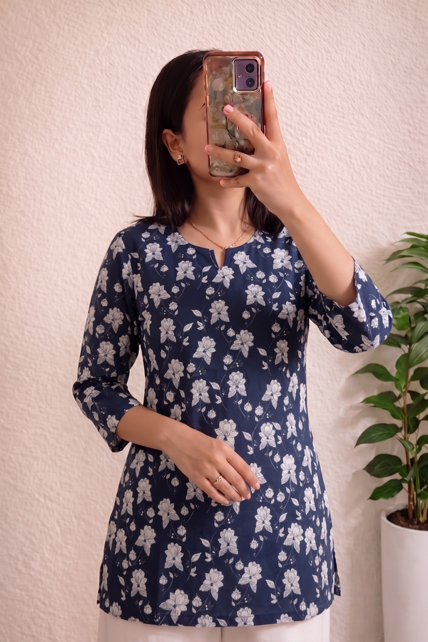 Navy Blue White Floral Printed 3/4 Sleeves Short Kurti