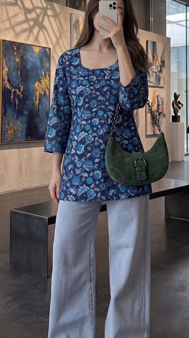 Navy Blue Floral Printed 3/4 Sleeves Square Neck Short Kurti