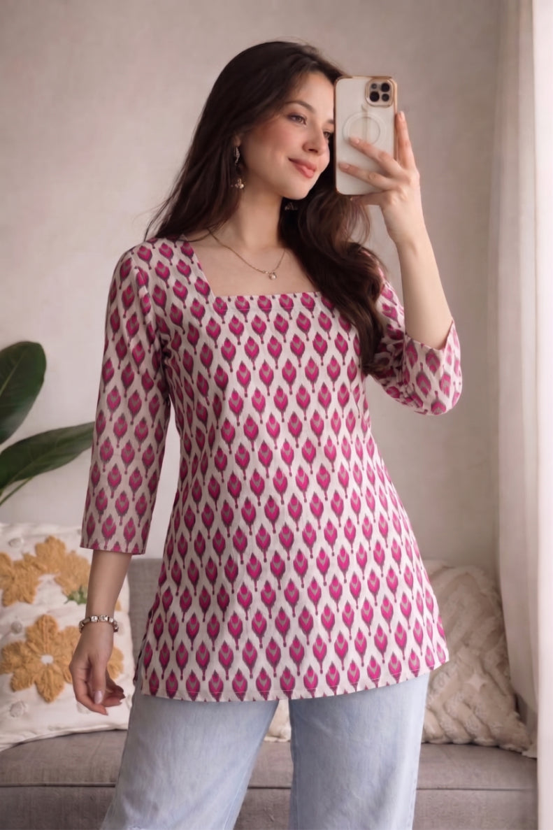 White Pink Ikat Booti Printed 3/4 Sleeves Square Neck Short Kurti