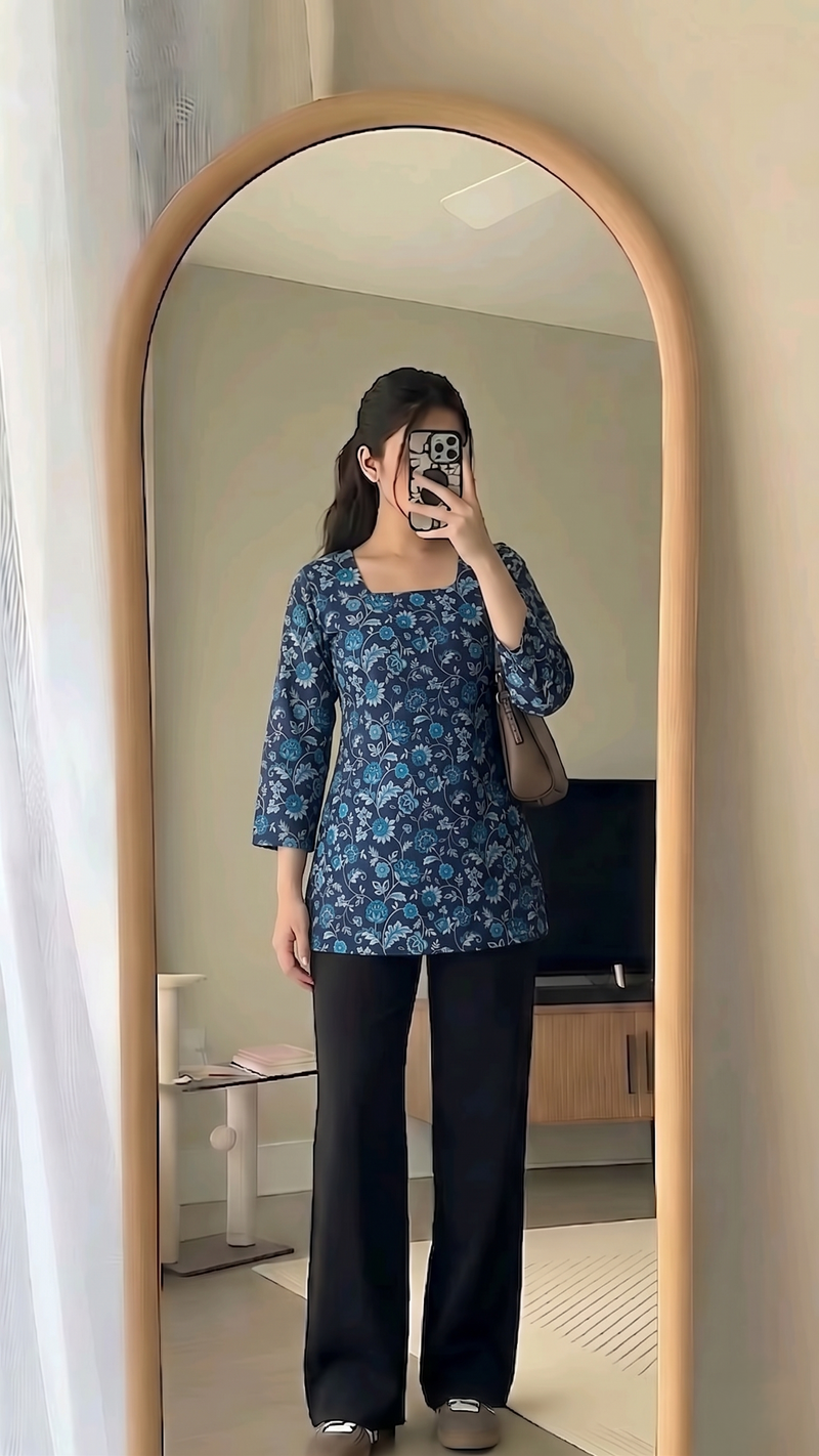 Navy Blue Floral Printed 3/4 Sleeves Square Neck Short Kurti