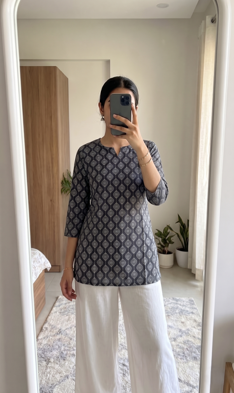 Black White Geometric Printed 3/4 Sleeves Short Kurti