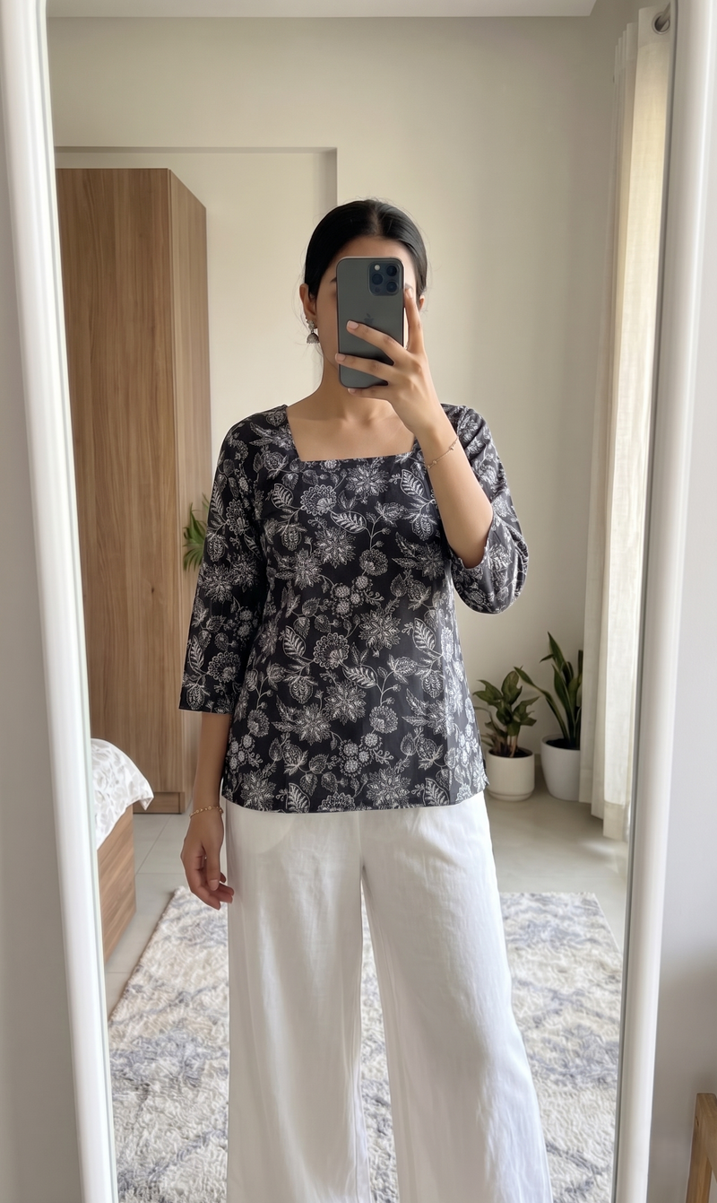 Black White Floral Printed 3/4 Sleeves Square Neck Short Kurti