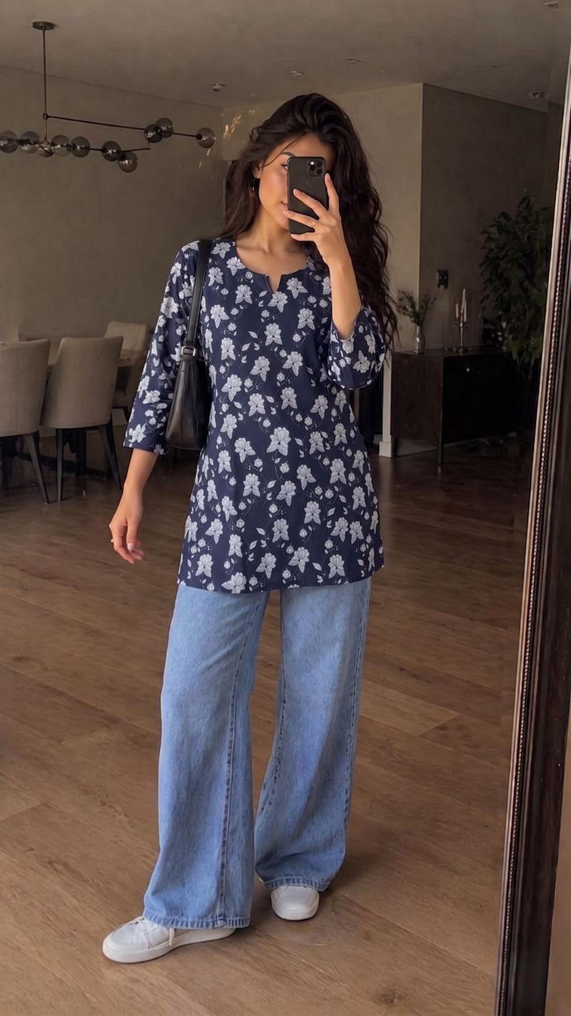 Navy Blue White Floral Printed 3/4 Sleeves Short Kurti