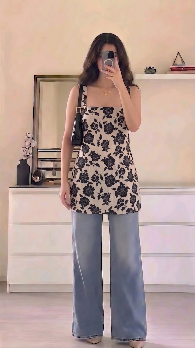Beige Black Floral Printed Sleeveless Square Neck Short Kurti