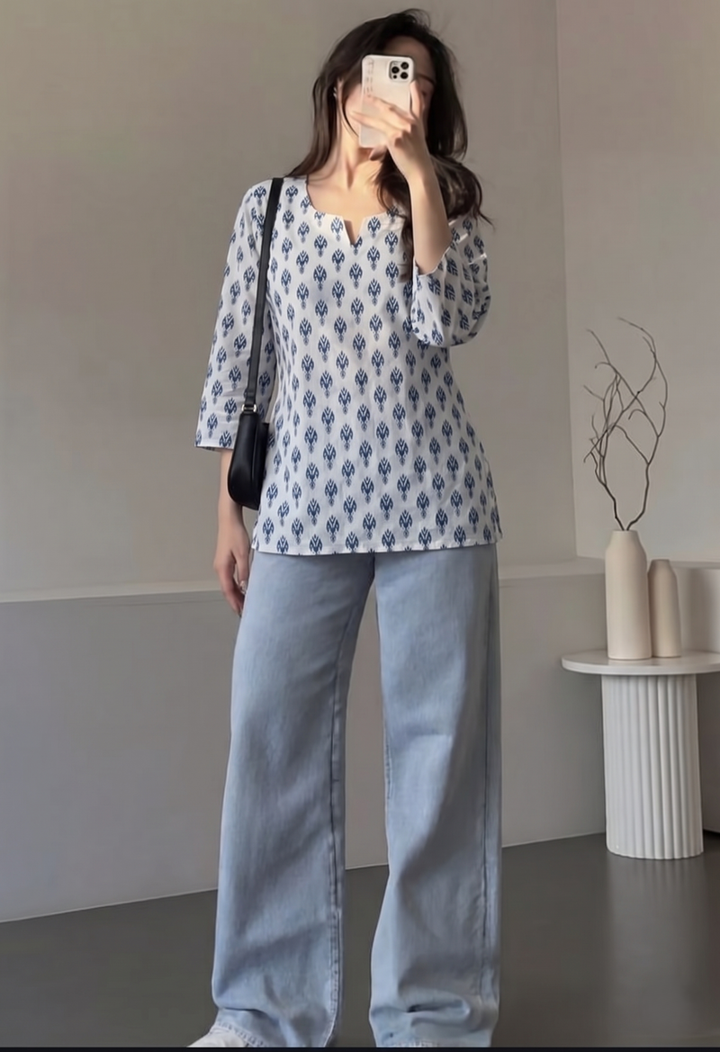White Blue Booti Printed 3/4 Sleeves Short Kurti