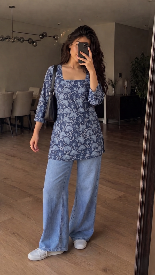 Navy Blue Floral Printed 3/4 Sleeves Square Neck Short Kurti