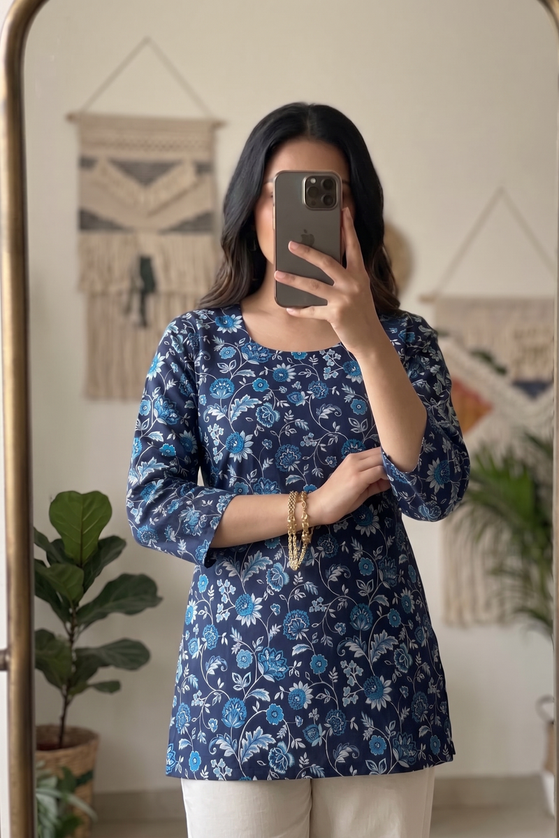 Navy Blue Floral Printed 3/4 Sleeves Square Neck Short Kurti