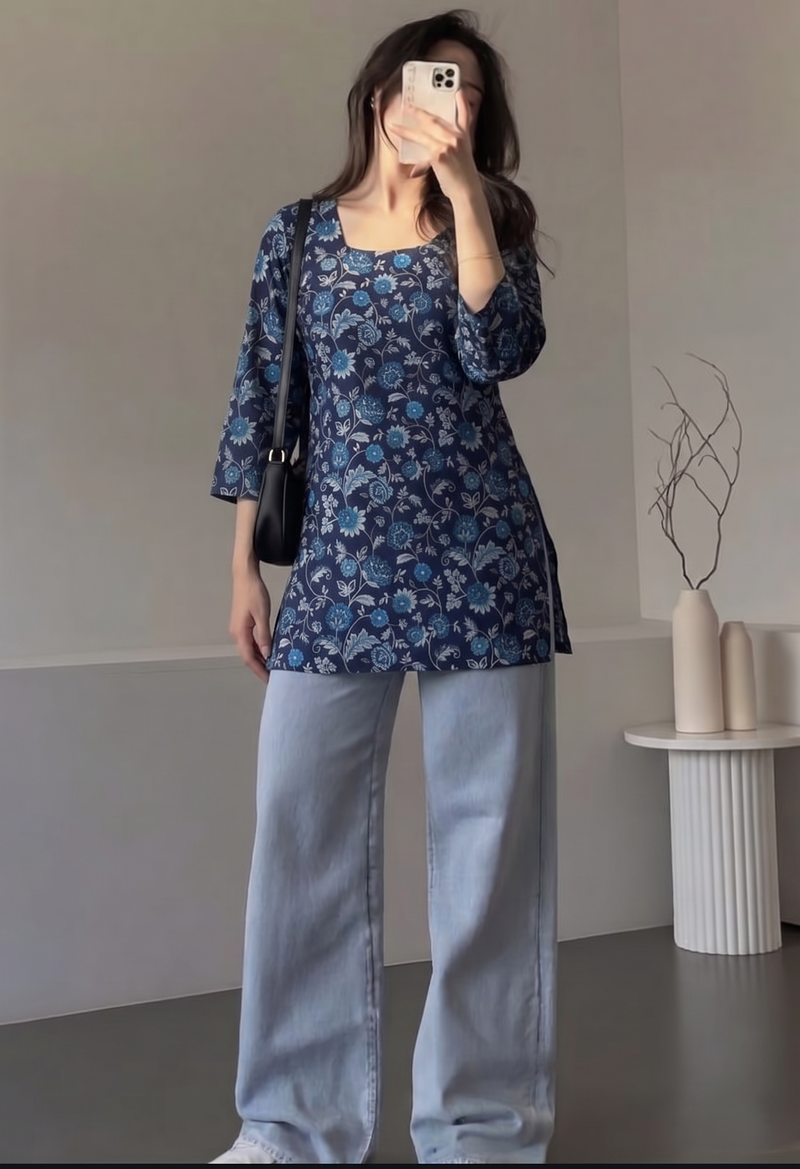 Navy Blue Floral Printed 3/4 Sleeves Square Neck Short Kurti