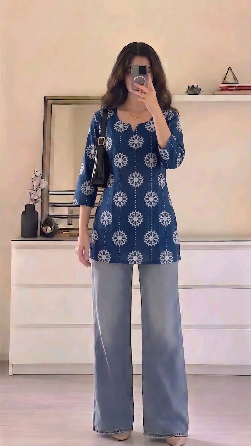Navy Blue White Daisy Booti Printed 3/4 Sleeves Short Kurti