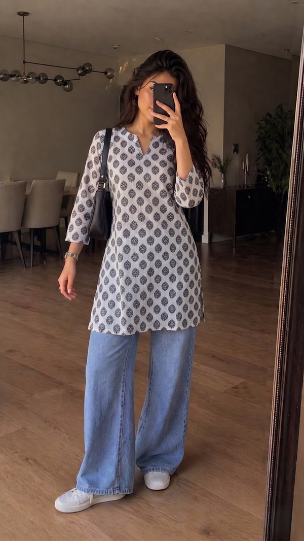 White Black Booti Printed 3/4 Sleeves V-Neck Short Kurti Top