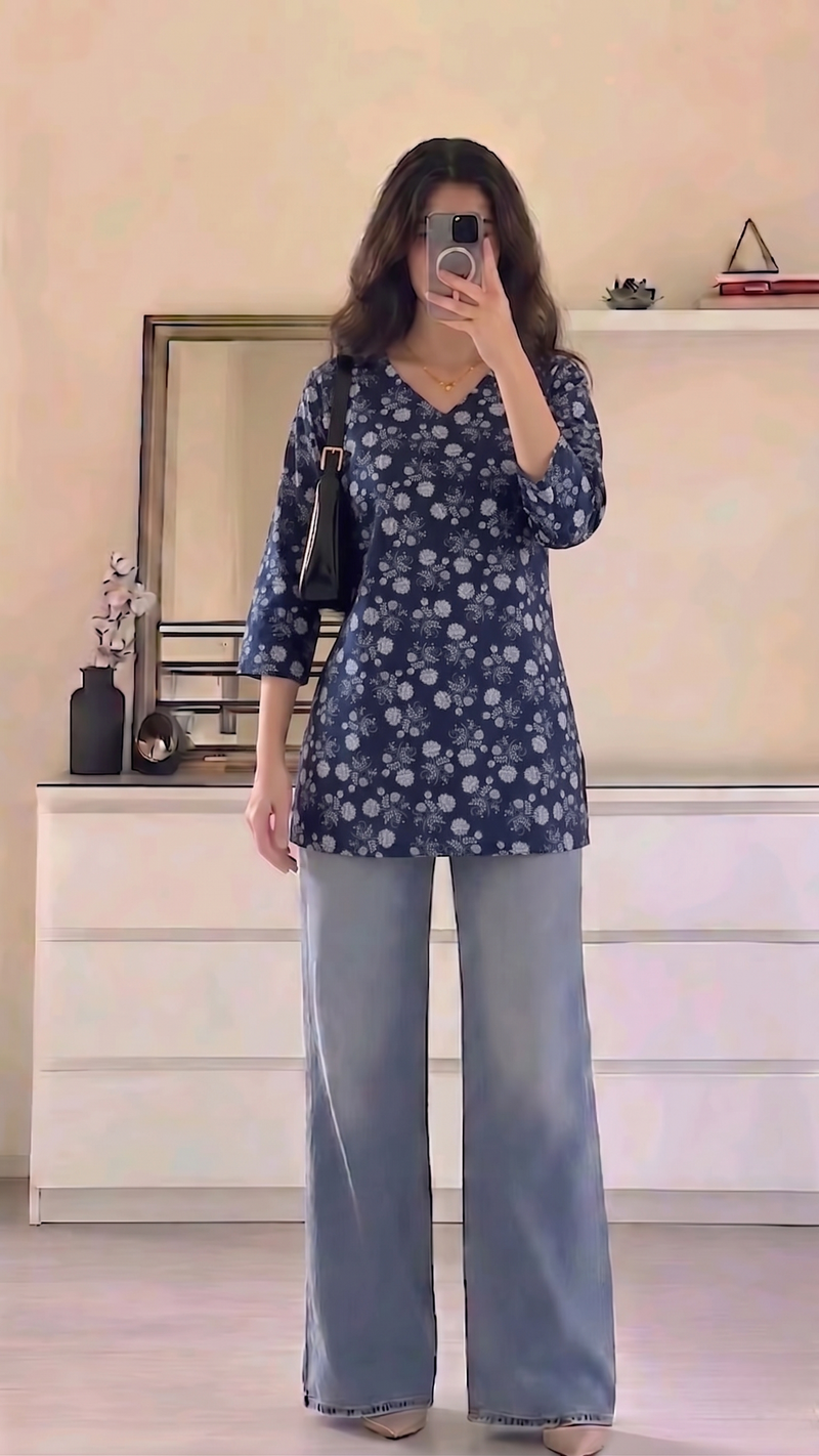Navy Blue White Floral Printed 3/4 Sleeves V-Neck Short Kurti