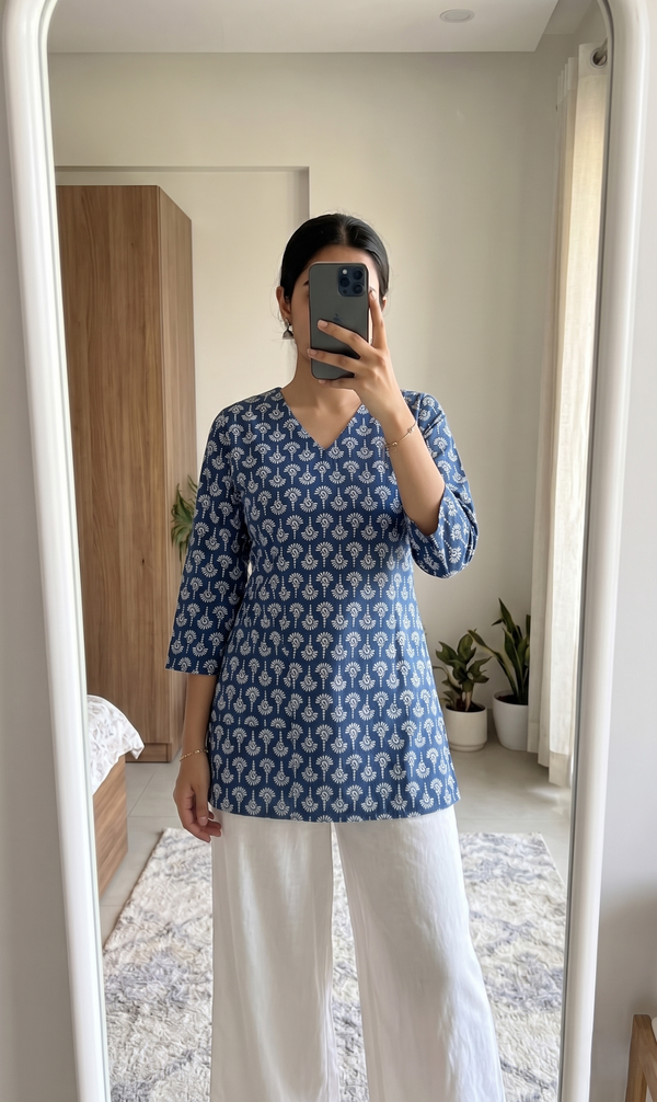 Navy Blue White Paisley Booti Printed 3/4 Sleeves V-Neck Short Kurti