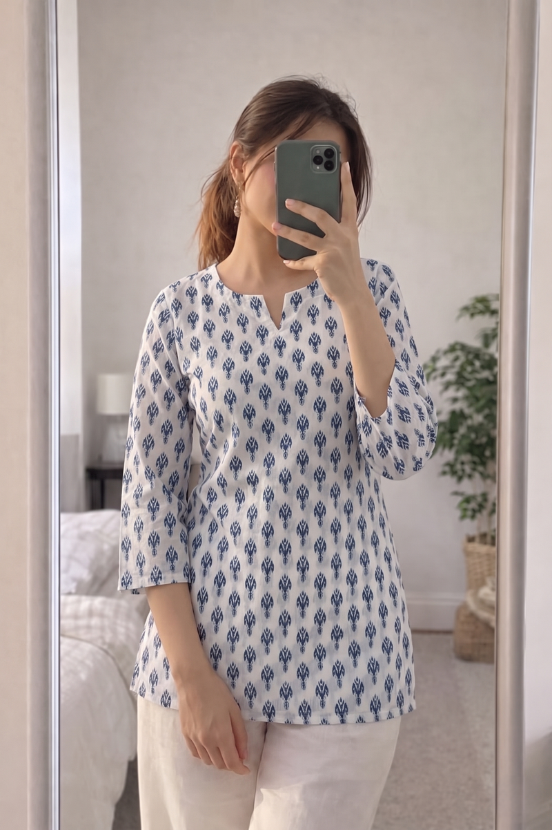 White Blue Booti Printed 3/4 Sleeves Short Kurti