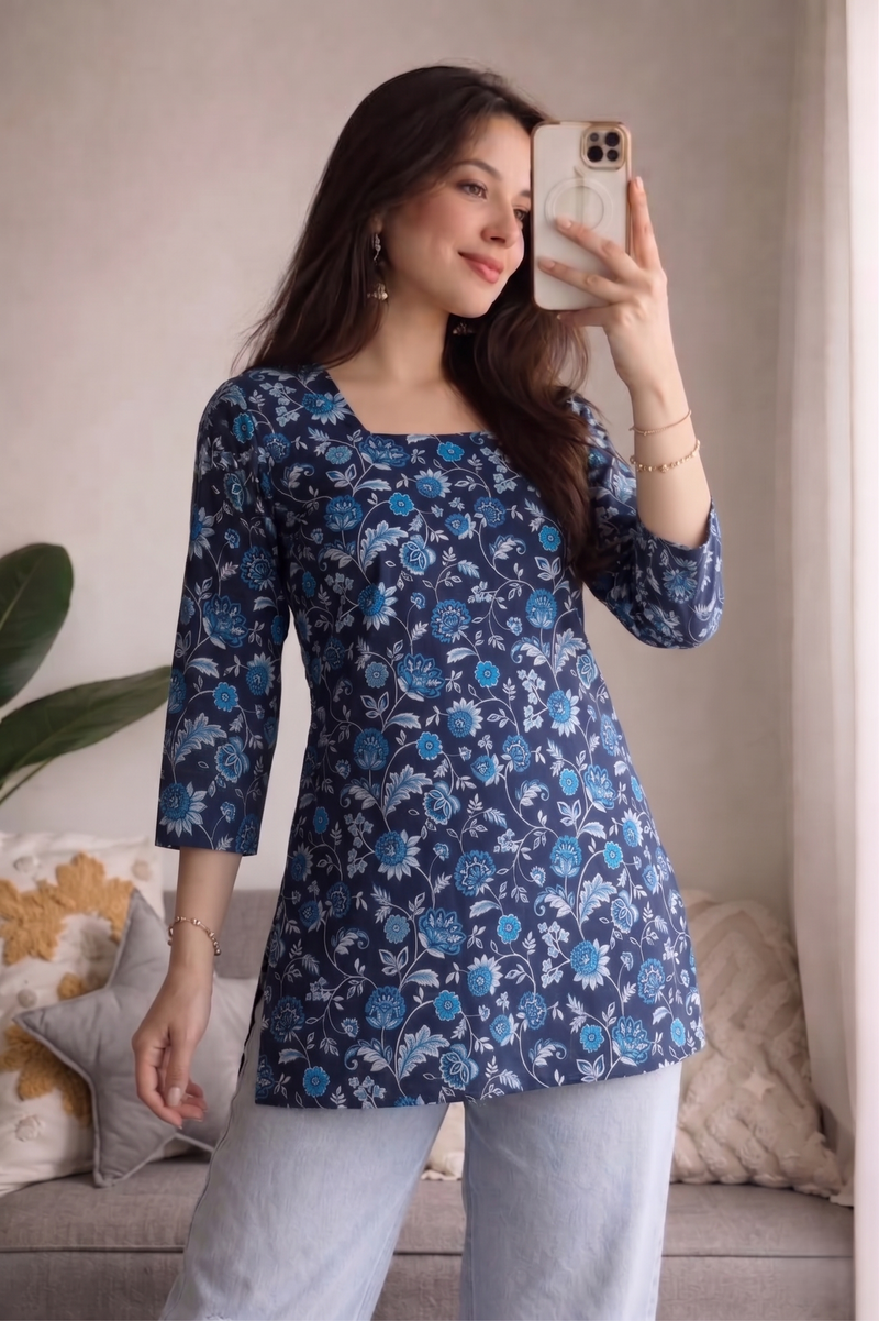 Navy Blue Floral Printed 3/4 Sleeves Square Neck Short Kurti
