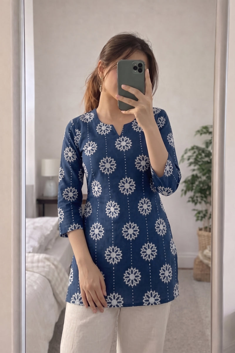 Navy Blue White Daisy Booti Printed 3/4 Sleeves Short Kurti