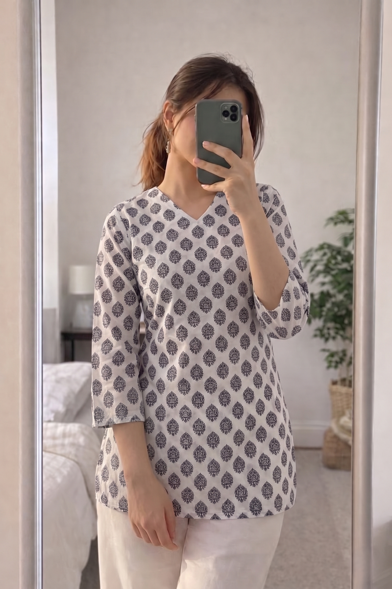 White Black Booti Printed 3/4 Sleeves V-Neck Short Kurti Top
