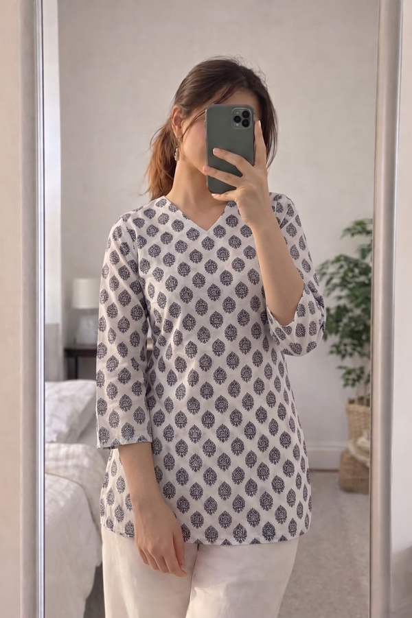 White Black Booti Printed 3/4 Sleeves V-Neck Short Kurti Top