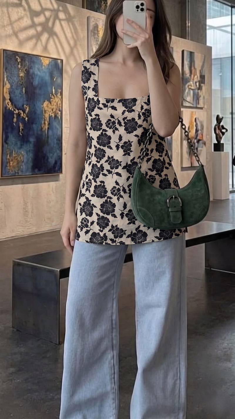 Beige Black Floral Printed Sleeveless Square Neck Short Kurti