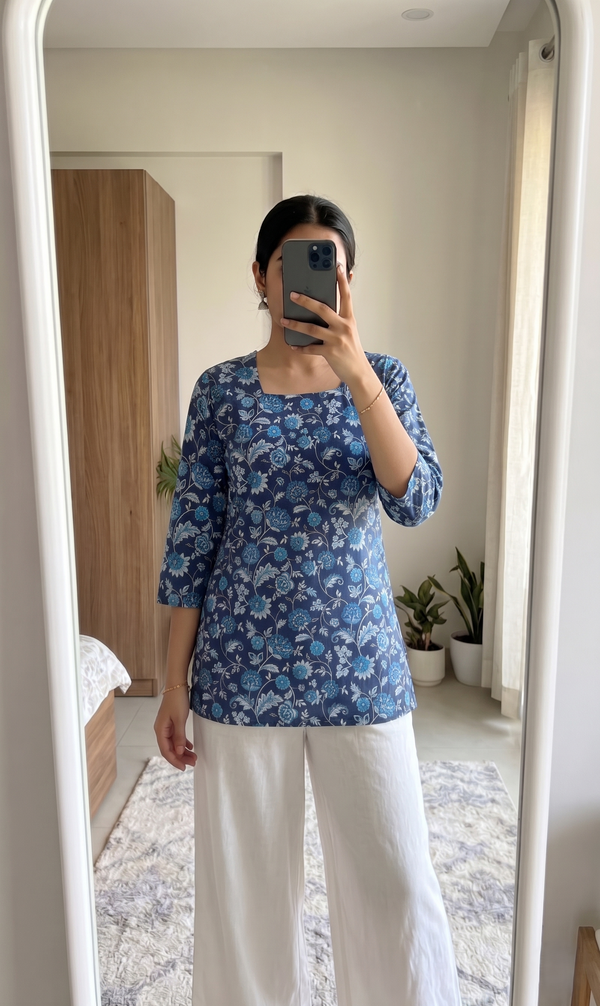 Navy Blue Floral Printed 3/4 Sleeves Square Neck Short Kurti