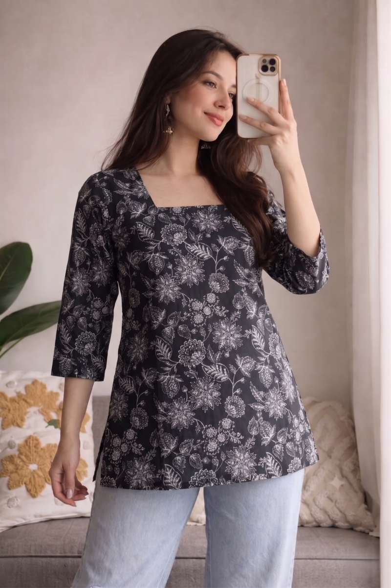 Black White Floral Printed 3/4 Sleeves Square Neck Short Kurti