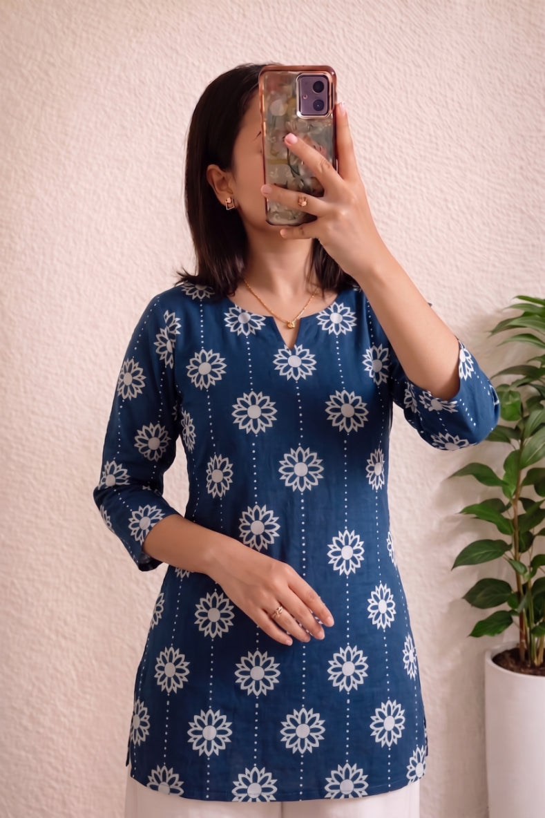 Navy Blue White Daisy Booti Printed 3/4 Sleeves Short Kurti