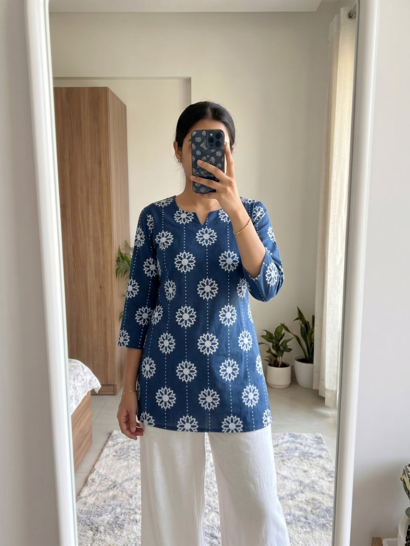 Navy Blue White Daisy Booti Printed 3/4 Sleeves Short Kurti