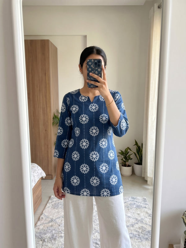 Navy Blue White Daisy Booti Printed 3/4 Sleeves Short Kurti