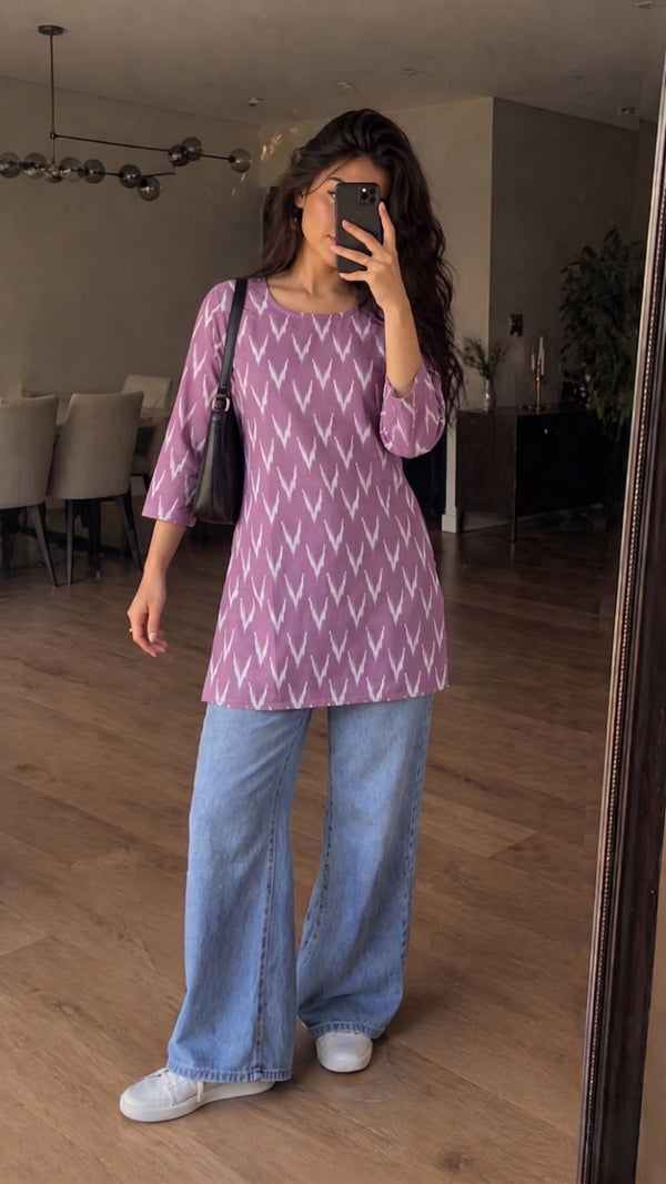 Lavender Purple Ikat Chevron Printed 3/4 Sleeves Round Neck Short Kurti