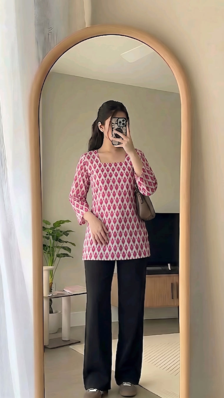 White Pink Ikat Booti Printed 3/4 Sleeves Square Neck Short Kurti