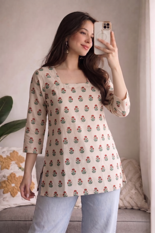 Cream Red Green Floral Booti Printed 3/4 Sleeves Square Neck Short Kurti