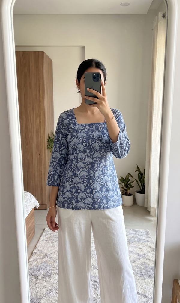 Navy Blue Floral Printed 3/4 Sleeves Square Neck Short Kurti