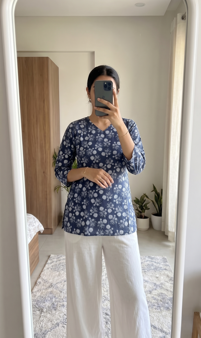 Navy Blue White Floral Printed 3/4 Sleeves V-Neck Short Kurti