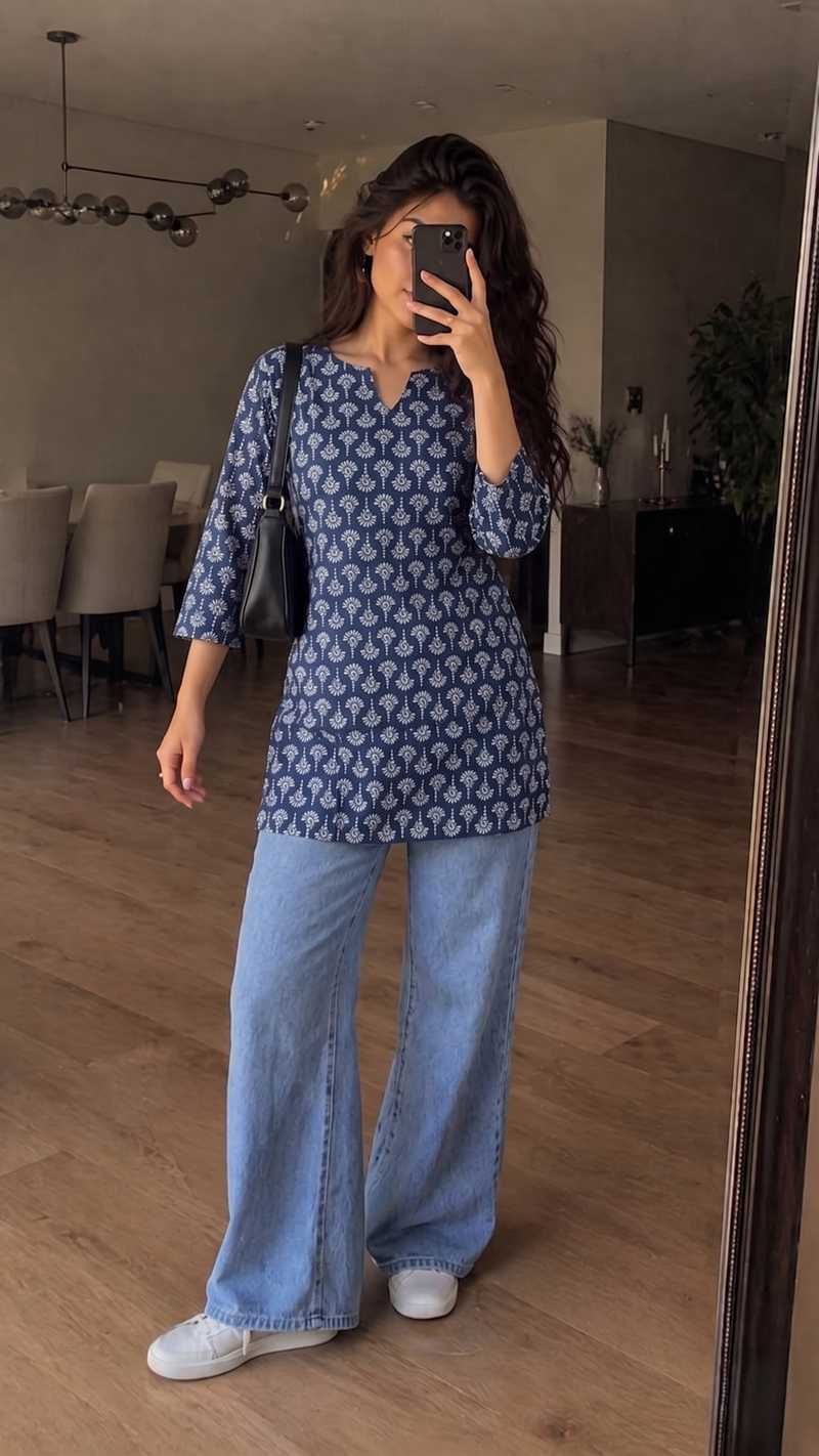 Navy Blue White Paisley Booti Printed 3/4 Sleeves V-Neck Short Kurti